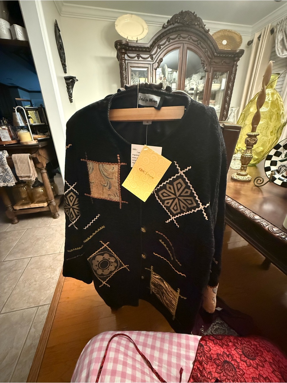 Indigo Black Cardigan with Tan & Cream Geometric Accents